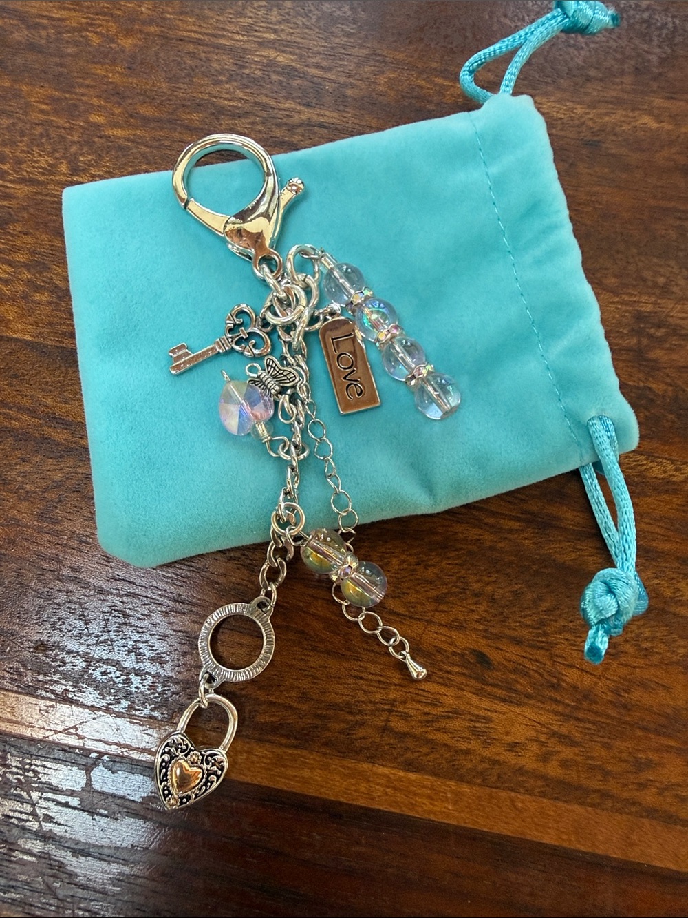 Silver-Tone Love Charm Keychain with Iridescent Beads - Teal Accent